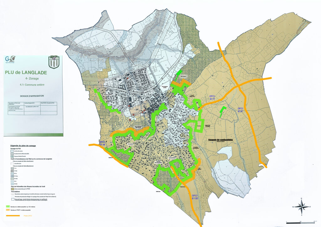 Plan PLU de Langlade avec ajout des pistes DFCI et interface foret-habitat