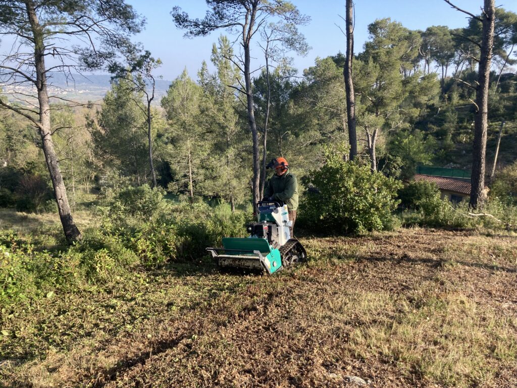 Débroussaillement avec une débroussailleuse sur chenillettes louée pour la journée par l'ULPI.